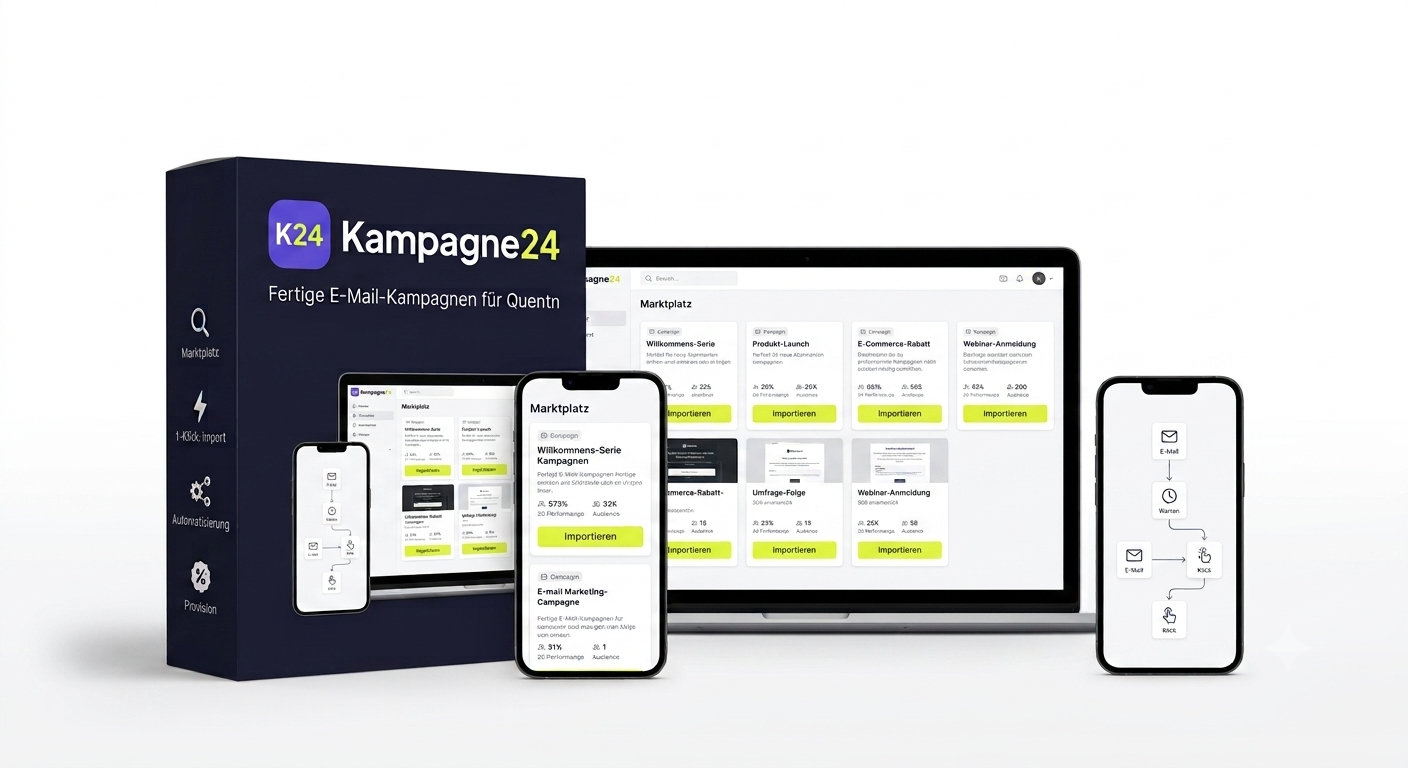 Kampagne24 Produkt-Mockup: Kampagne24-Box, Laptop, Tablet, Smartphones und Automatisierungs-Flow